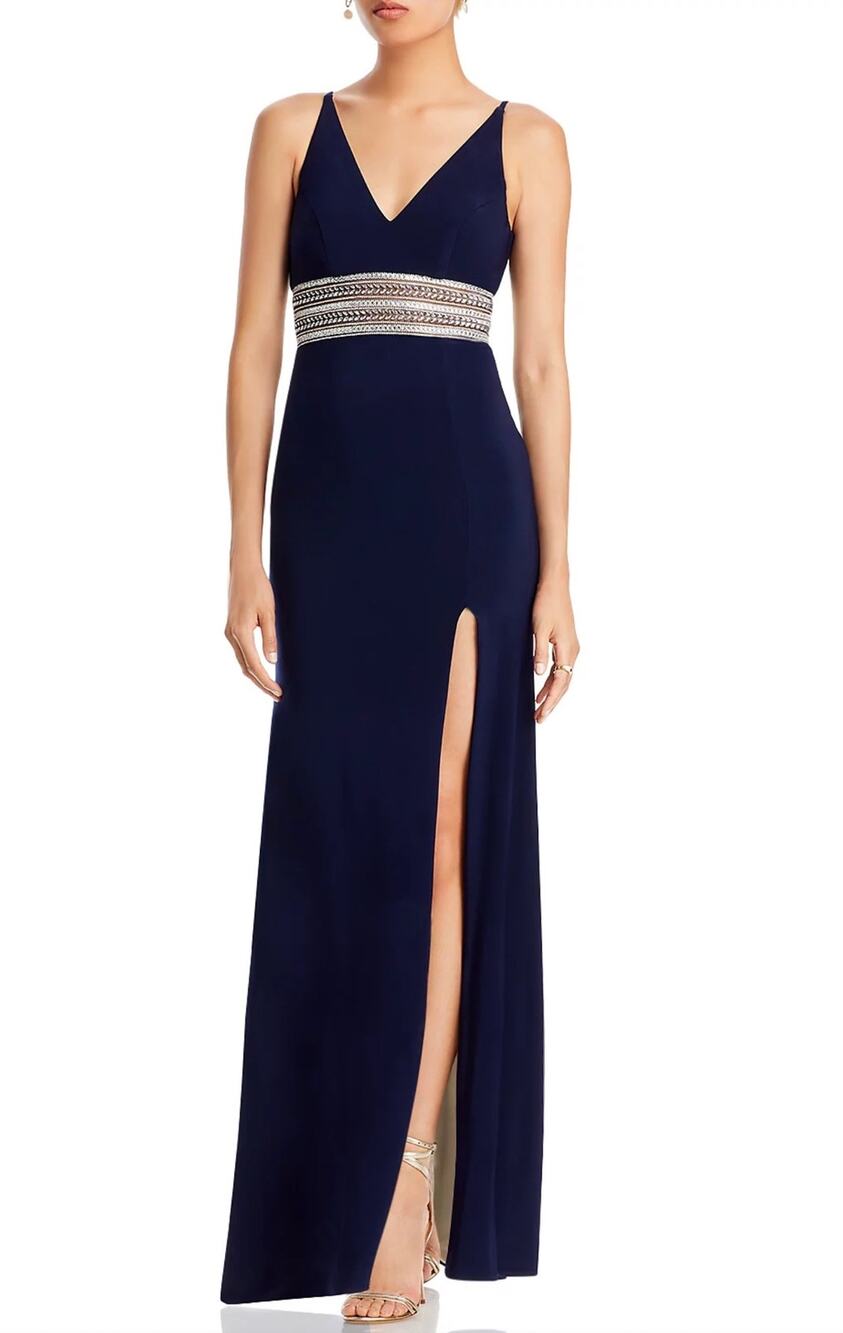 AQUA Blue Evening Gown Crystal Beaded Waist Sleeveless Long Column Dress Size 6